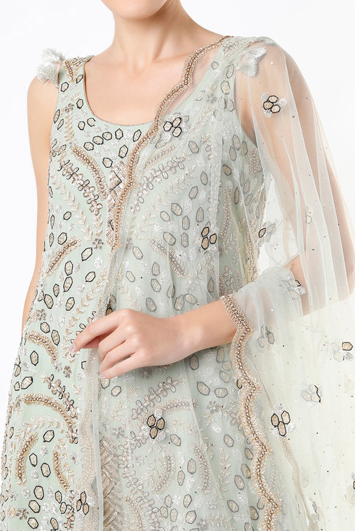 Mint Georgette Embroidered Kurta With Dot Mukaish Georgette Sharara And Net Dupatta