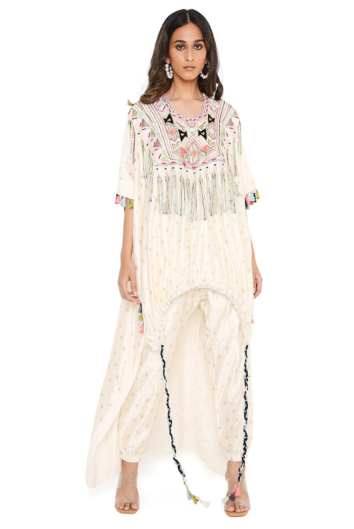 Chalk White Colour Floral Chanderi Yoke Embroidered Kurta With Tassel And Jogger Pant