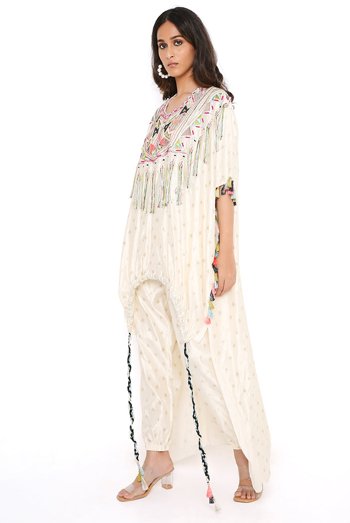 Chalk White Colour Floral Chanderi Yoke Embroidered Kurta With Tassel And Jogger Pant