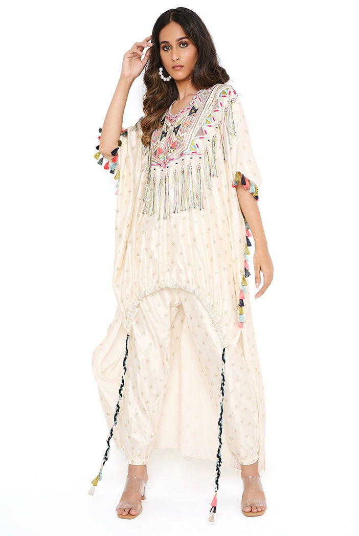 Chalk White Colour Floral Chanderi Yoke Embroidered Kurta With Tassel And Jogger Pant