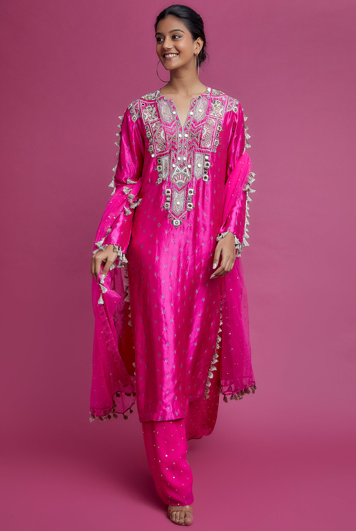 Hot Pink Embroidered Yoke Kurta And Palazzo With Dupatta