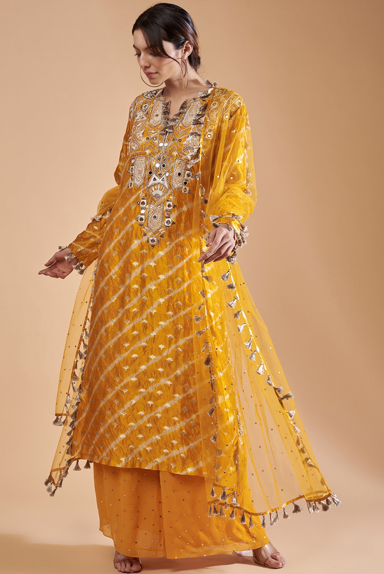 Mustard Embroidered Kurta With Palazzo And Dupatta