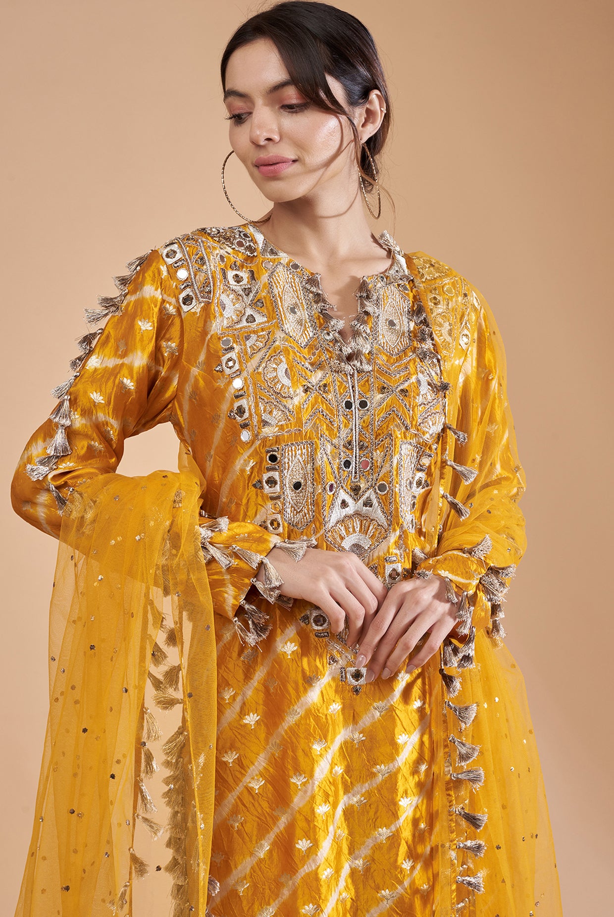Mustard Embroidered Kurta With Palazzo And Dupatta