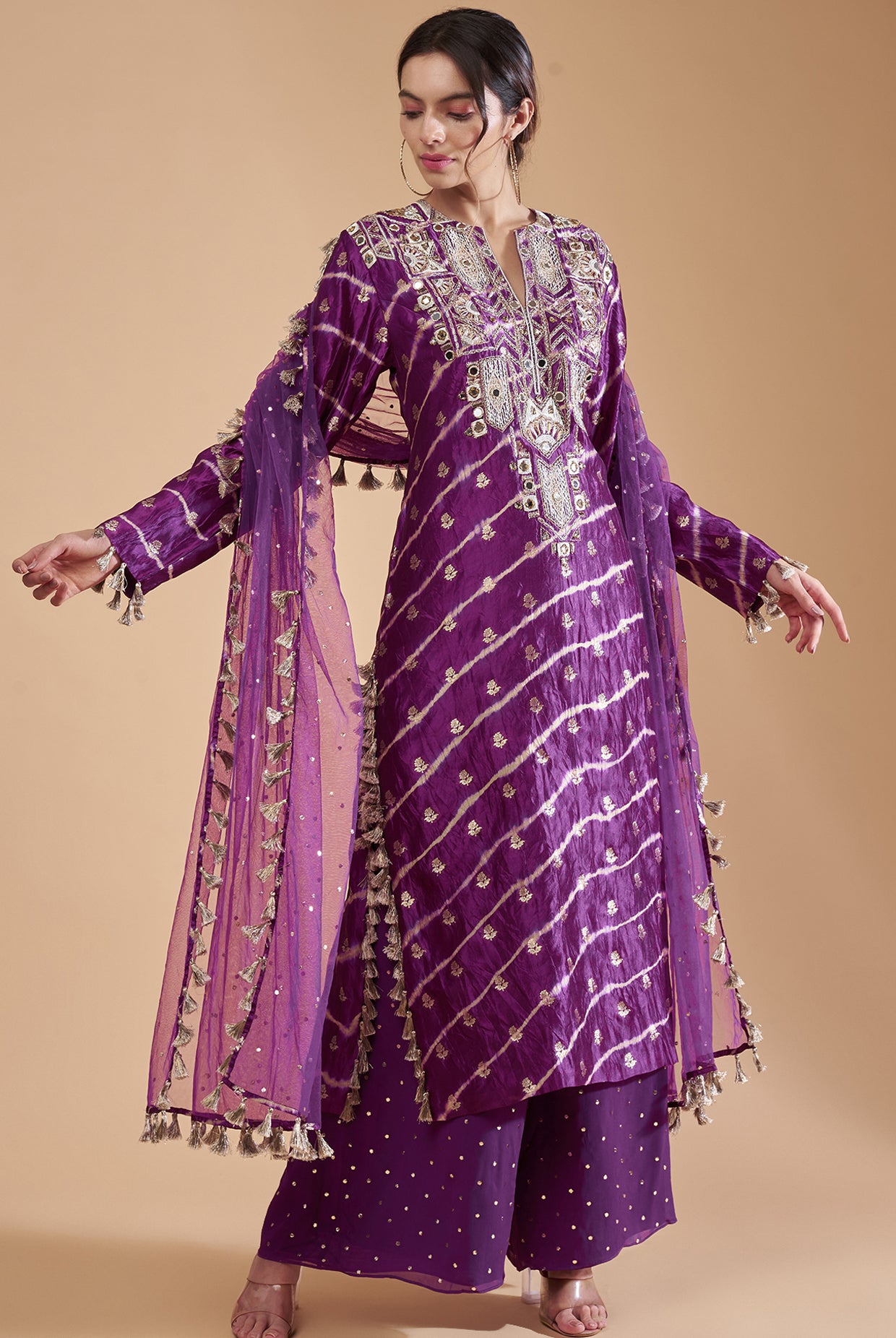Purple Embroidered Kurta With Palazzo And Dupatta