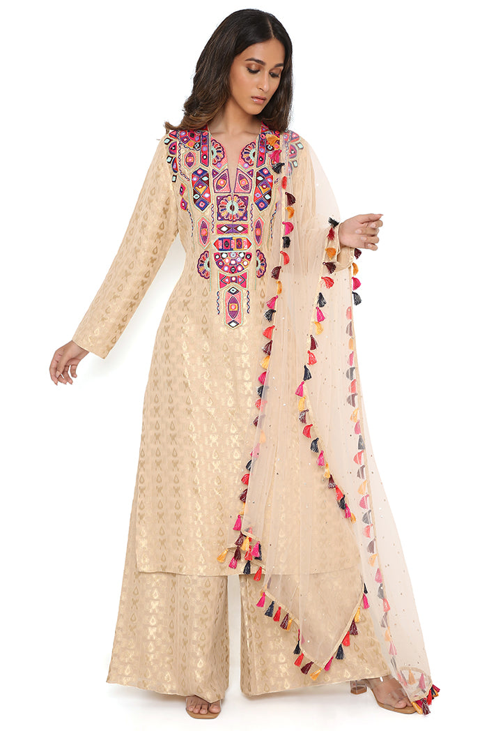 Stone Banarasi Georgette Embroidered Kurta And Palazzo With Mukaish Net Dupatta