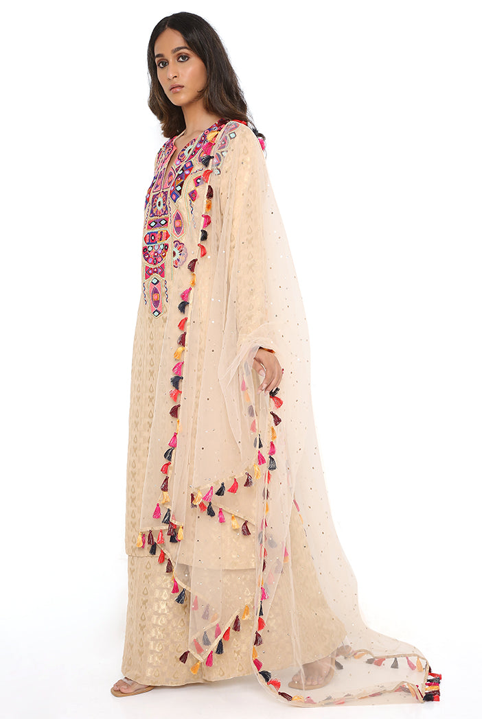 Stone Banarasi Georgette Embroidered Kurta And Palazzo With Mukaish Net Dupatta