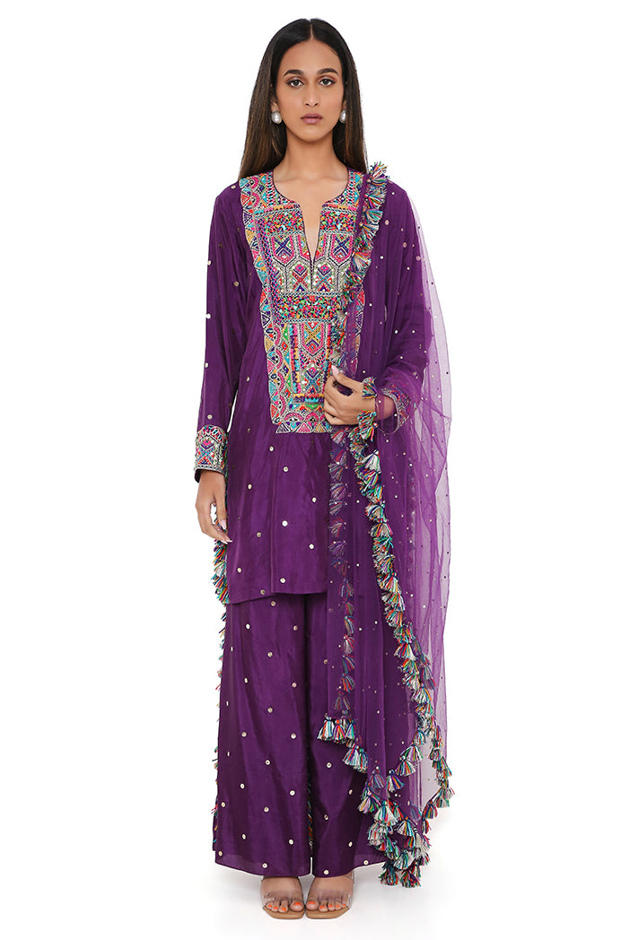 Purple Mukaish Silk Embroidered Kurta And Palazzo With Net Mukaish Dupatta