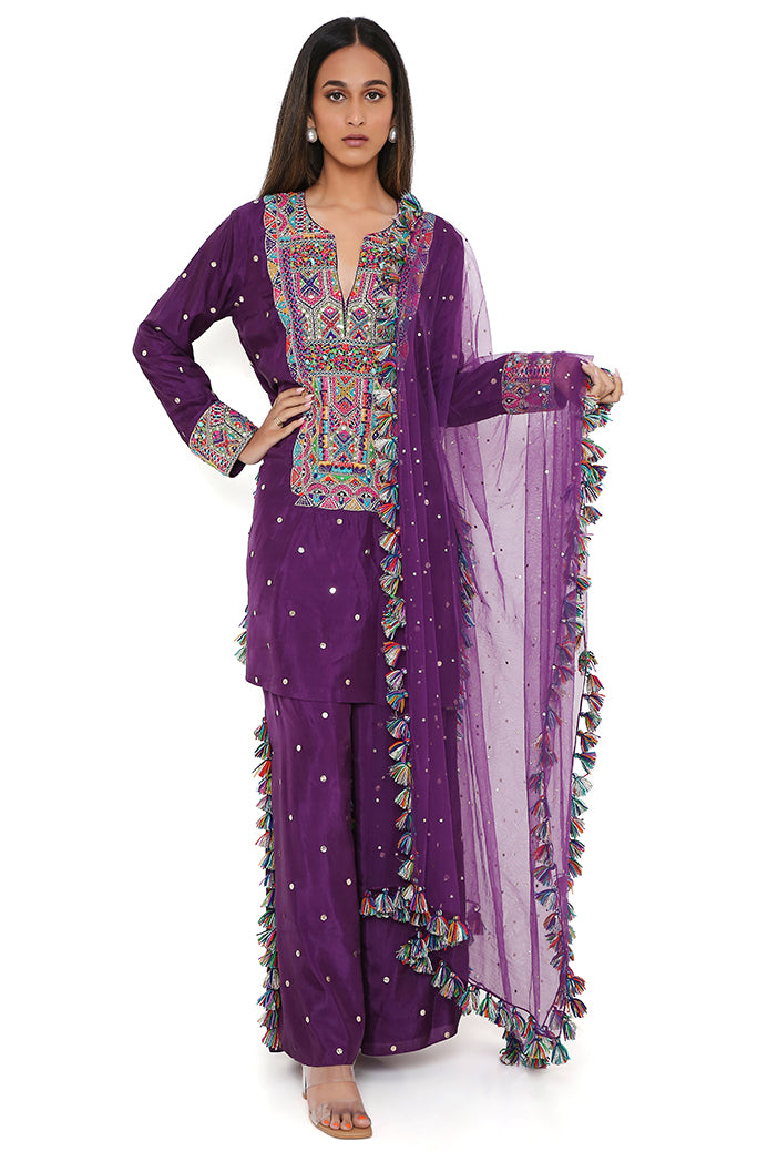 Purple Mukaish Silk Embroidered Kurta And Palazzo With Net Mukaish Dupatta