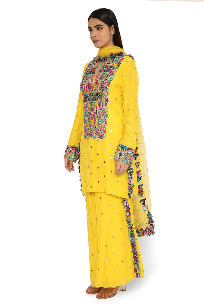 Helena Yellow Colour Silk Embroidered Kurta With Palazzo And Net Dupatta