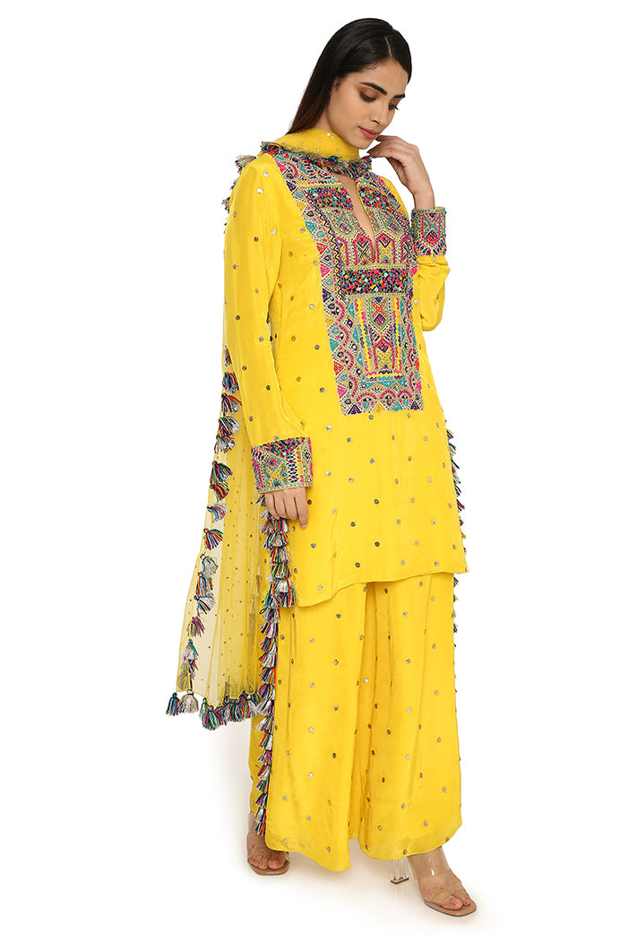 Helena Yellow Colour Silk Embroidered Kurta With Palazzo And Net Dupatta