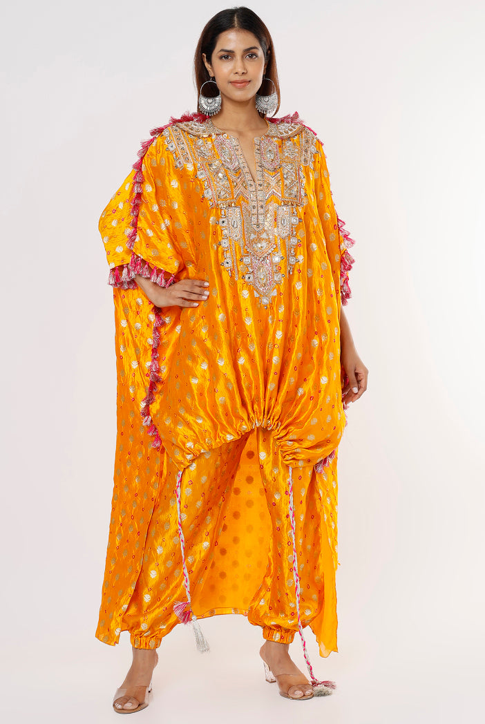 Yellow Bandhani Silk Embroidered Yoke High Low Kurta And Jogger Pants