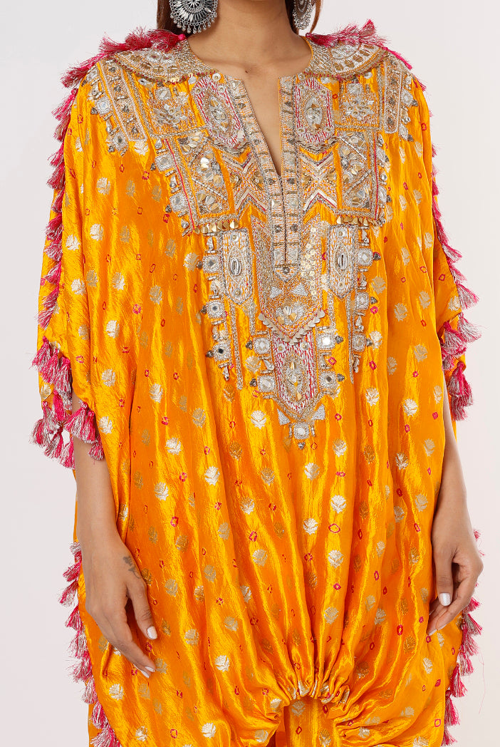 Yellow Bandhani Silk Embroidered Yoke High Low Kurta And Jogger Pants