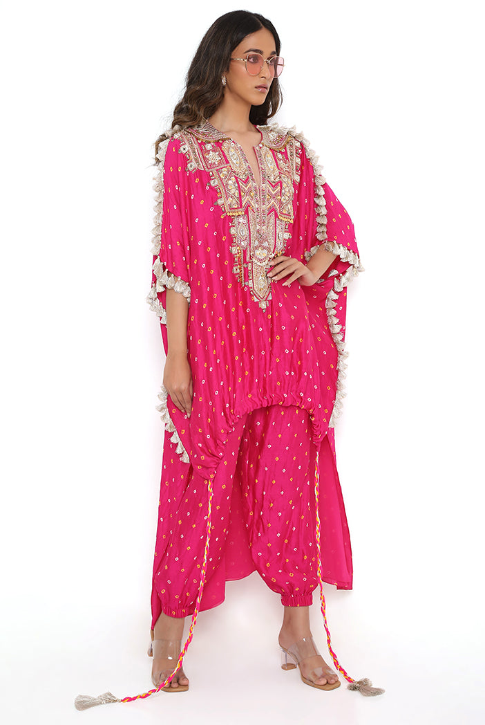 Pink Bandhani Silk Embroidered Yoke High Low Kurta And Jogger Pants