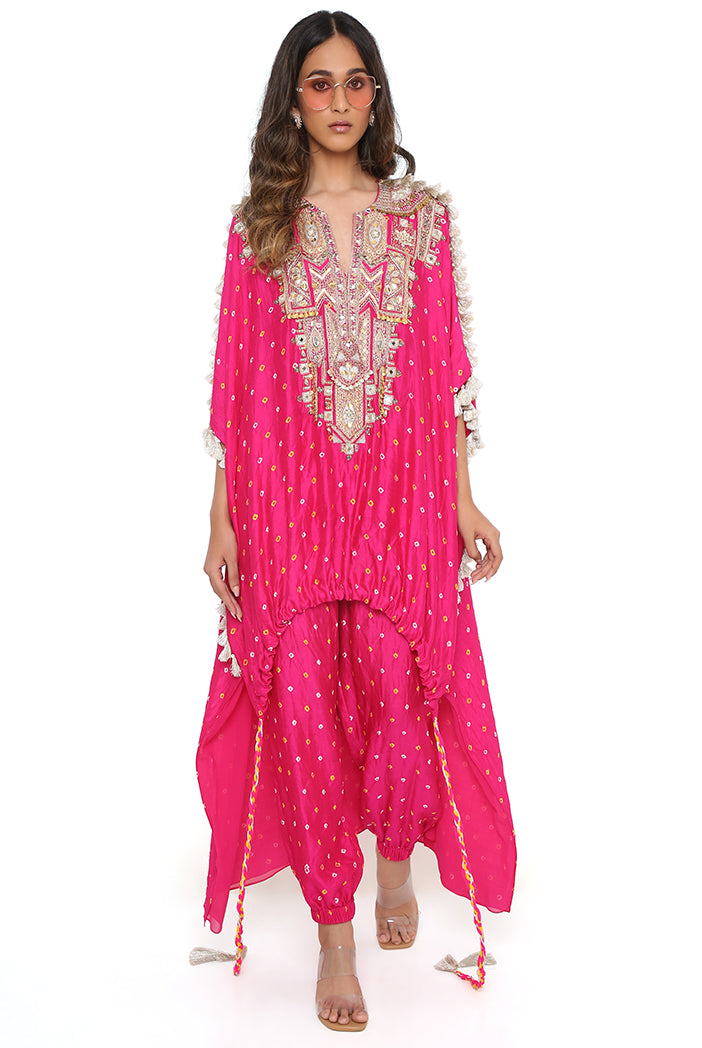 Pink Bandhani Silk Embroidered Yoke High Low Kurta And Jogger Pants