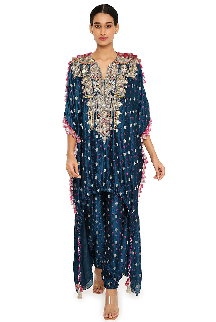 Selima Midnight Blue Colour Bandhani Silk Embroidered High Low Kurta With Jogger Pants
