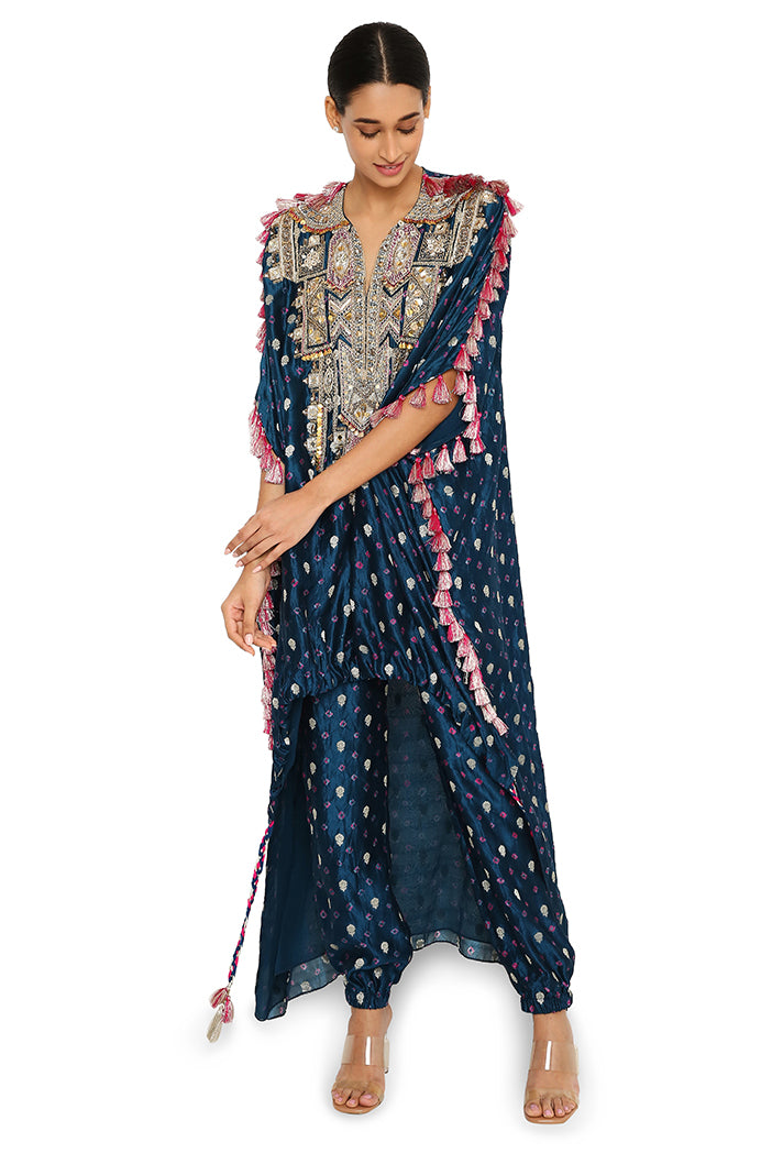 Selima Midnight Blue Colour Bandhani Silk Embroidered High Low Kurta With Jogger Pants
