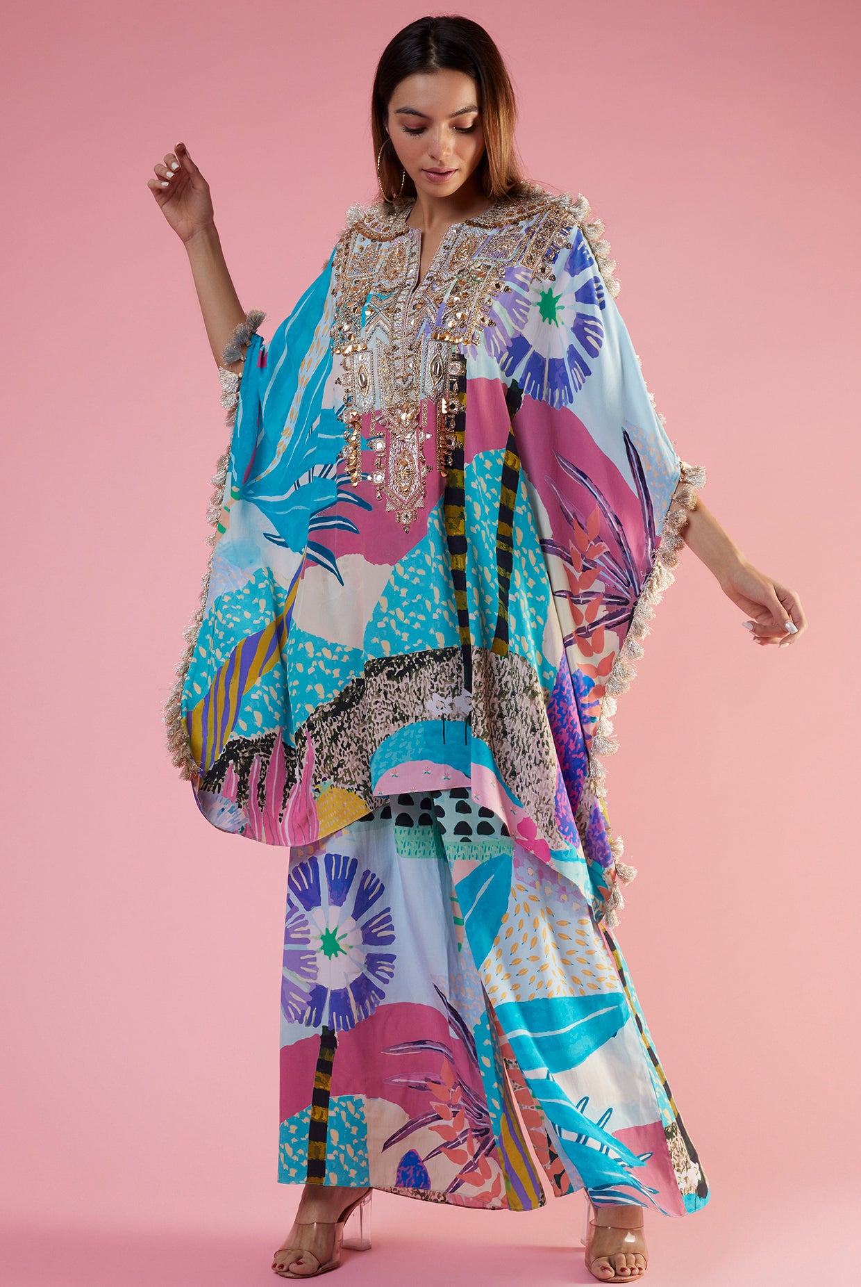 Aqua Tropical Print Crepe Embroidered Yoke Kaftan And Palazzo