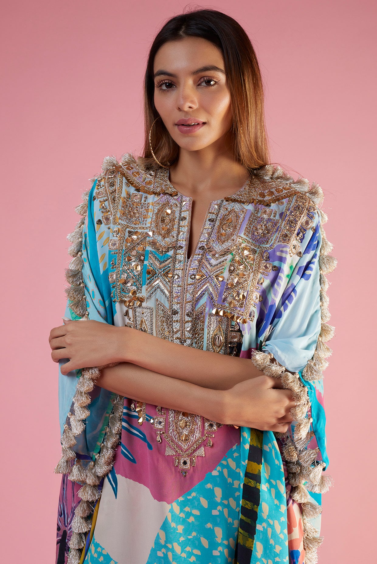 Aqua Tropical Print Crepe Embroidered Yoke Kaftan And Palazzo