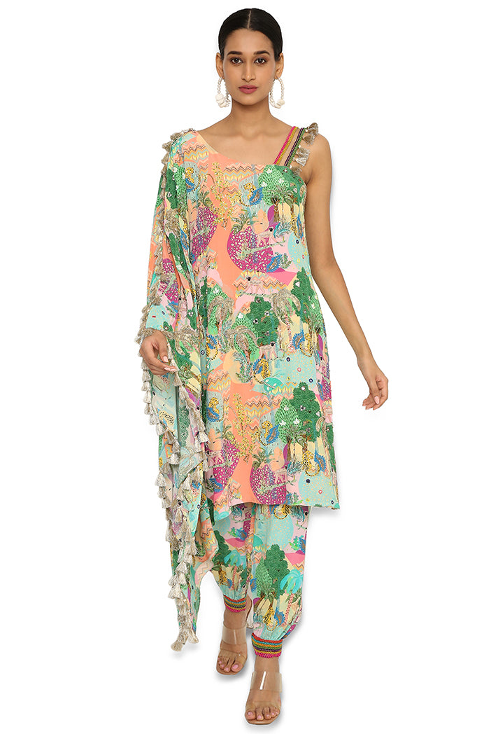 Mihra Peach Colour Kuno Print Crepe Embroidered Kaftan With Jogger Pants