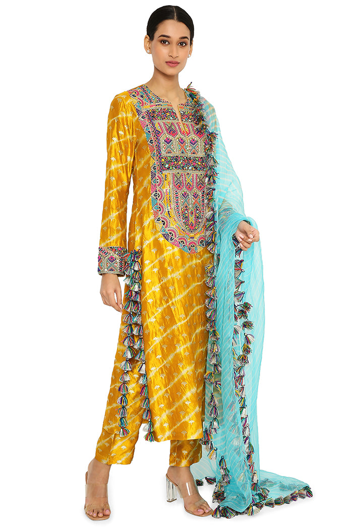 Anansi Mustard Colour Leheriya Silk Embroidered Kurta And Palazzo With Aqua Leheriya Organza Dupatta
