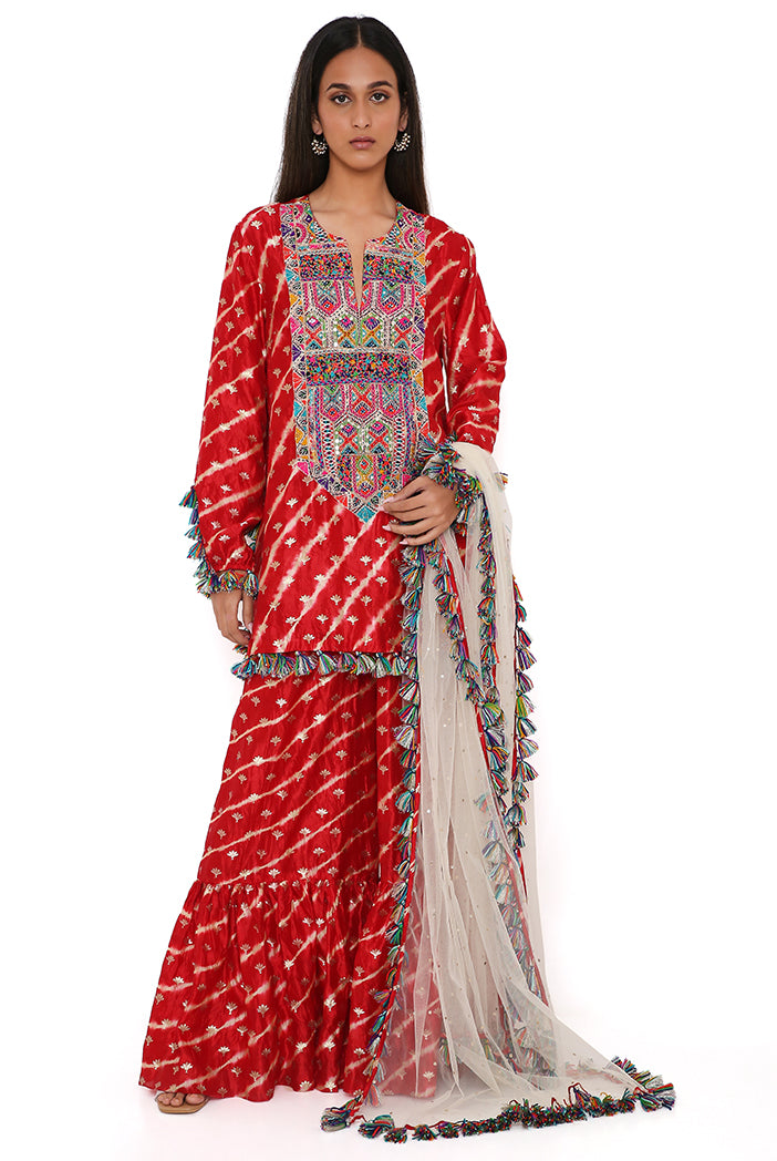Red Silk Bandhani Leheriya Kurta And Sharara With Stone Mukaish Net Dupatta