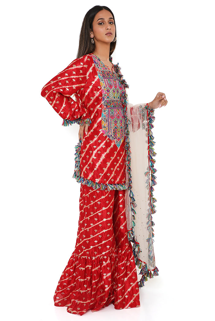 Red Silk Bandhani Leheriya Kurta And Sharara With Stone Mukaish Net Dupatta
