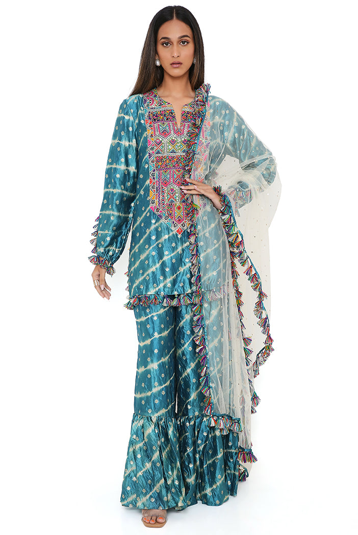 Aqua Silk Bandhani Leheriya Kurta And Sharara With Stone Mukaish Net Dupatta