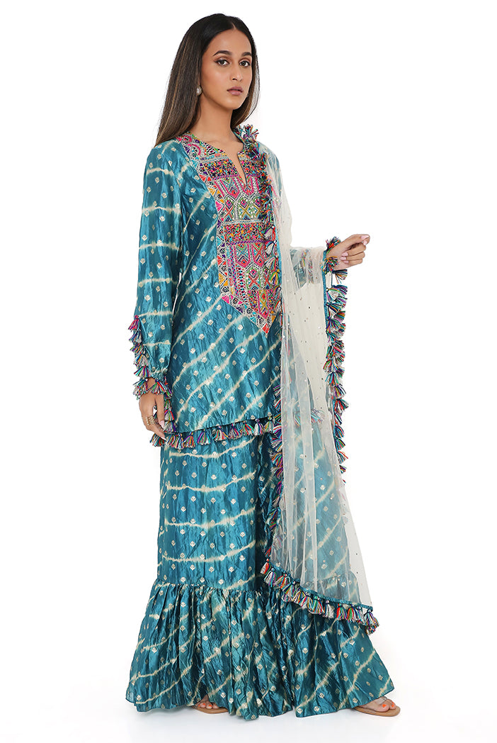 Aqua Silk Bandhani Leheriya Kurta And Sharara With Stone Mukaish Net Dupatta
