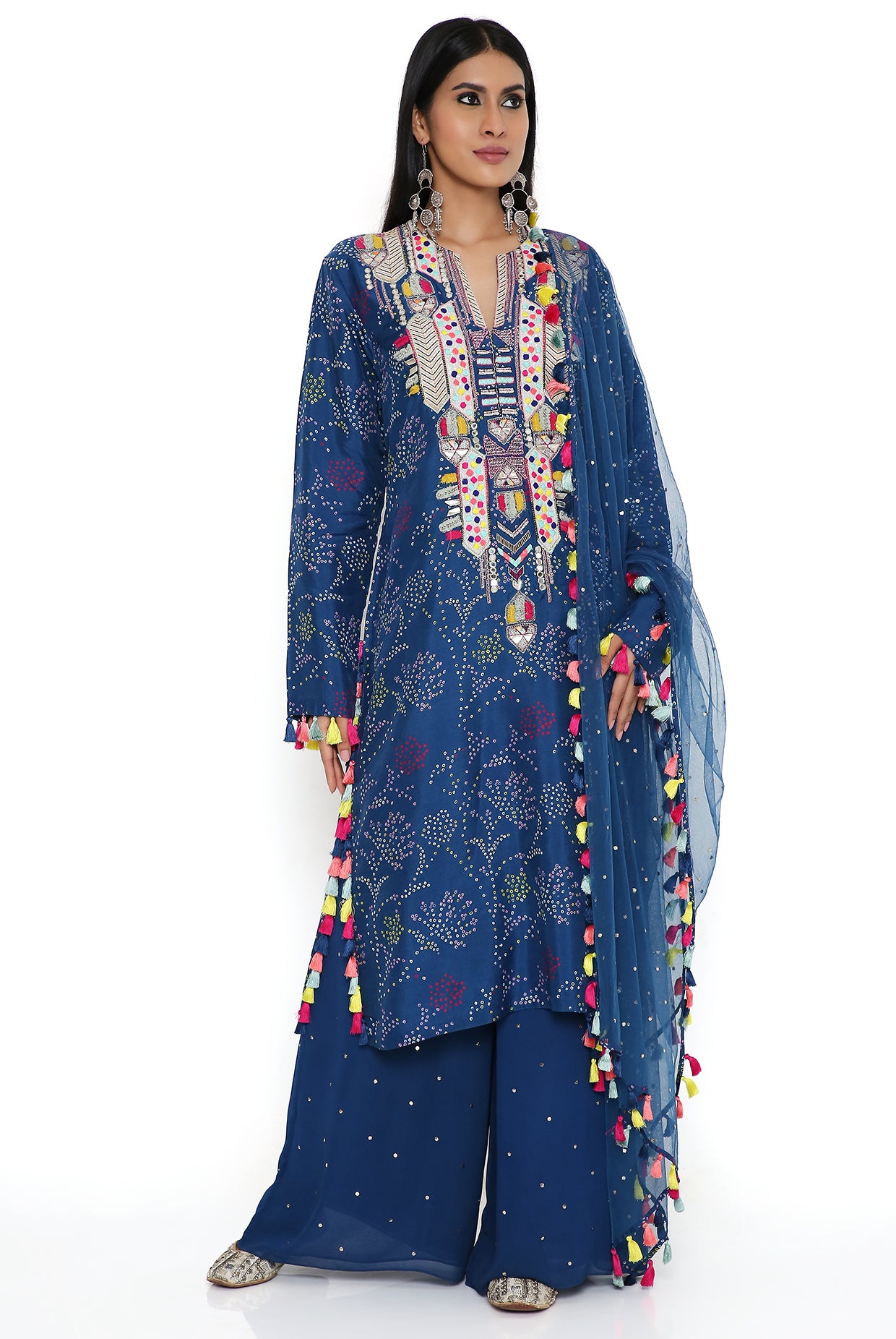 Blue Print Bandhani Silk Embroidered Kurta With Mukaish Georgette Pallazo And Mukaish Net Dupatta