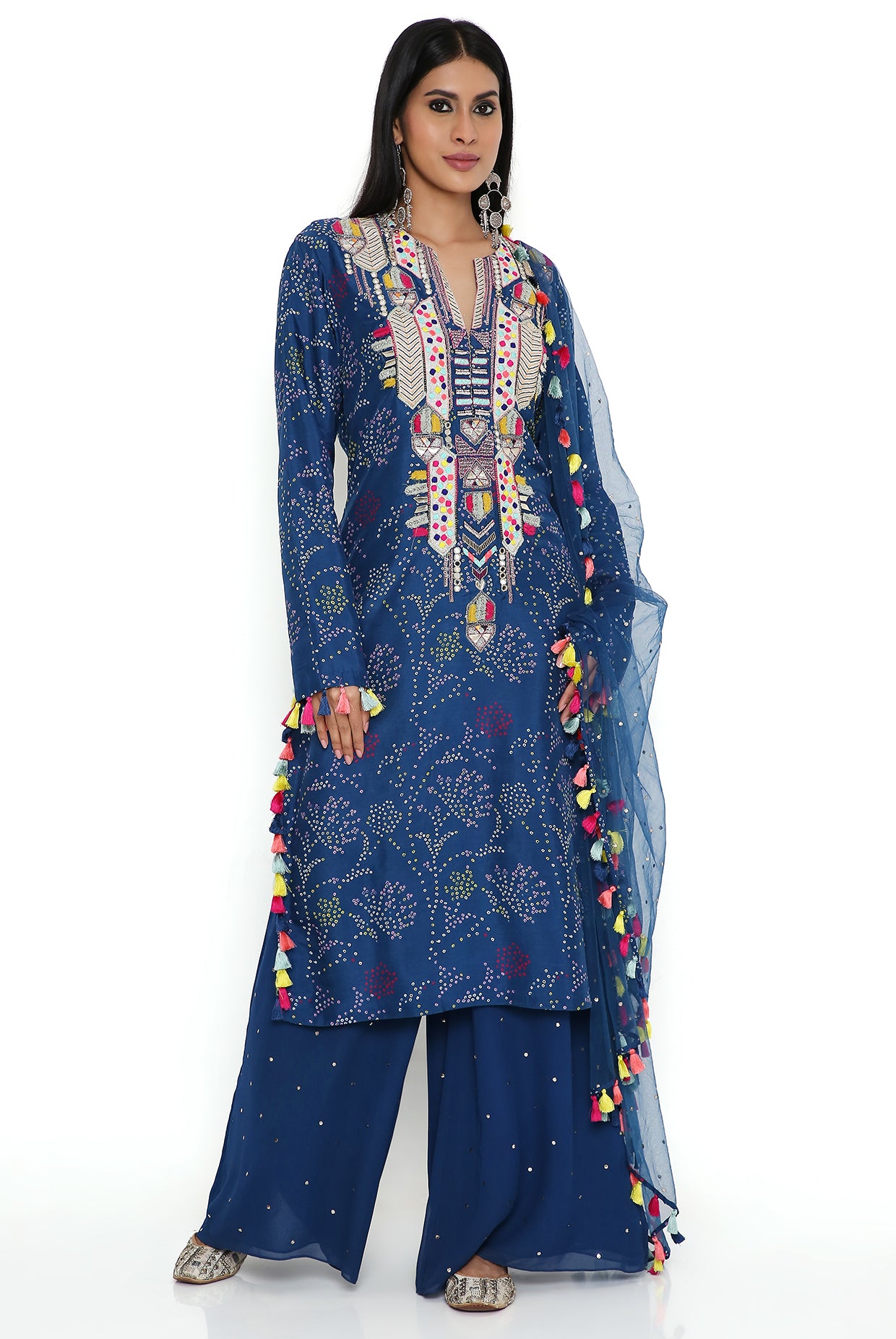 Blue Print Bandhani Silk Embroidered Kurta With Mukaish Georgette Pallazo And Mukaish Net Dupatta