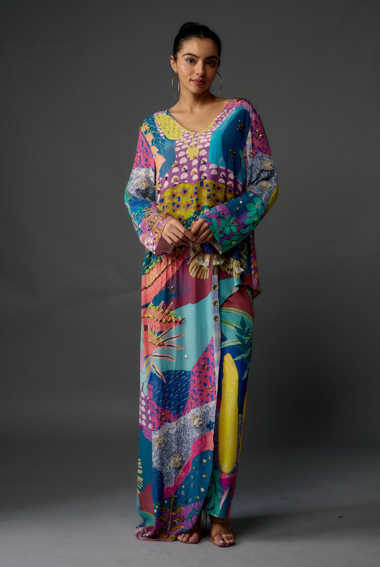 Purple Tropical Print Crepe Embroidered Kurta With Cropped Palazzo