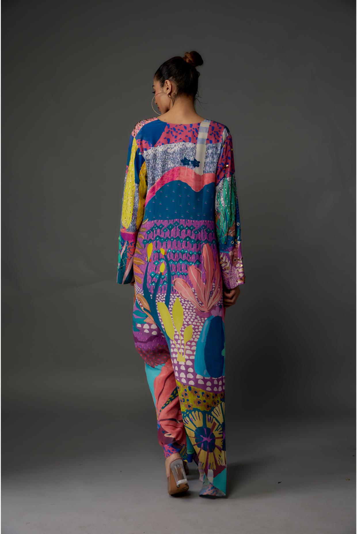 Purple Tropical Print Crepe Embroidered Kurta With Cropped Palazzo