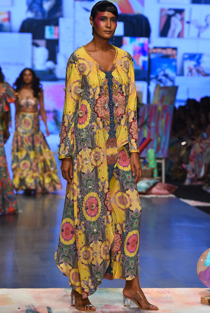 Helen Yellow Enchanted Print Crepe Embroidered One Side Trail Kurta With Cropped Palazzo