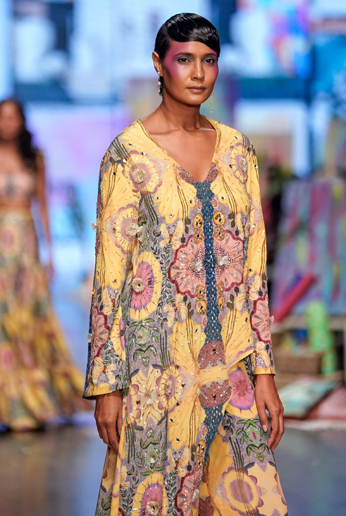 Helen Yellow Enchanted Print Crepe Embroidered One Side Trail Kurta With Cropped Palazzo