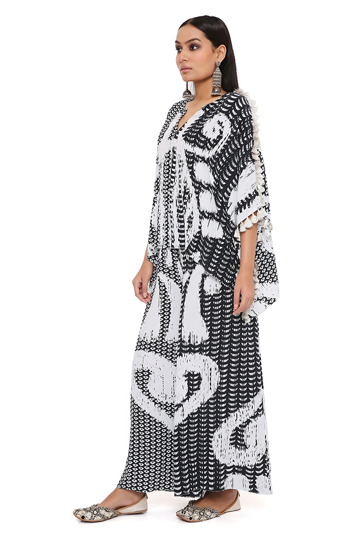 Black And White Uzbez Print Crepe Kaftan With Palazzo
