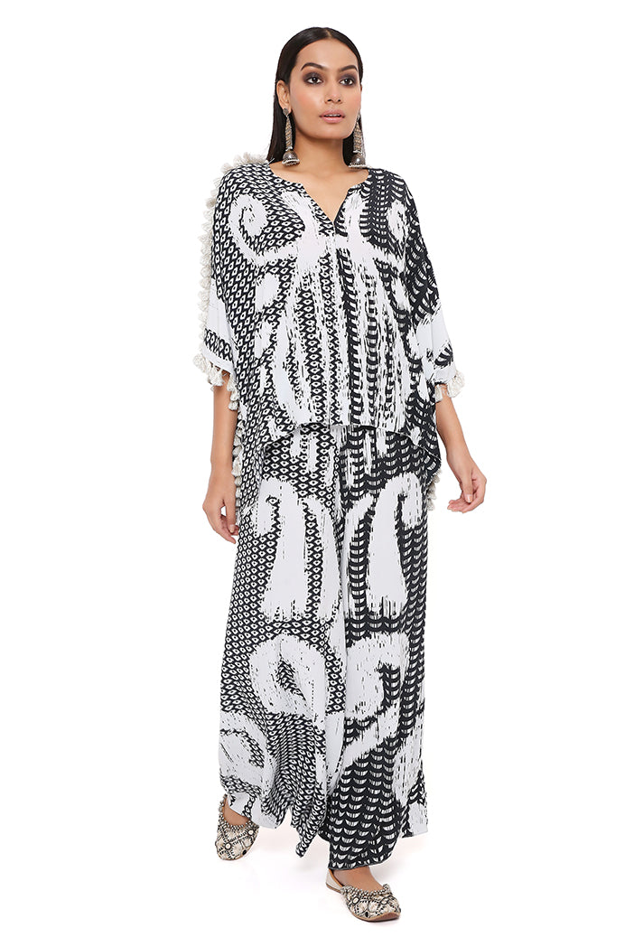 Black And White Uzbez Print Crepe Kaftan With Palazzo