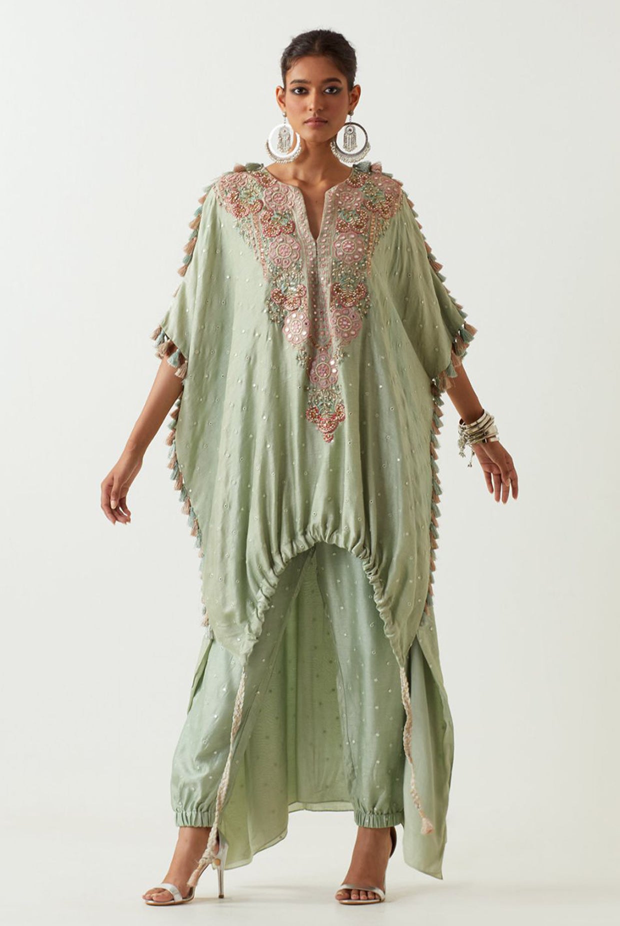 Mint Embroidered High Low Kurta With Jogger Pant