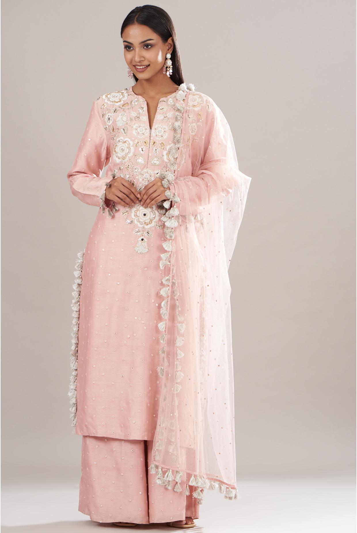 Rose Pink Embroidered Kurta & Palazzo With Dupatta