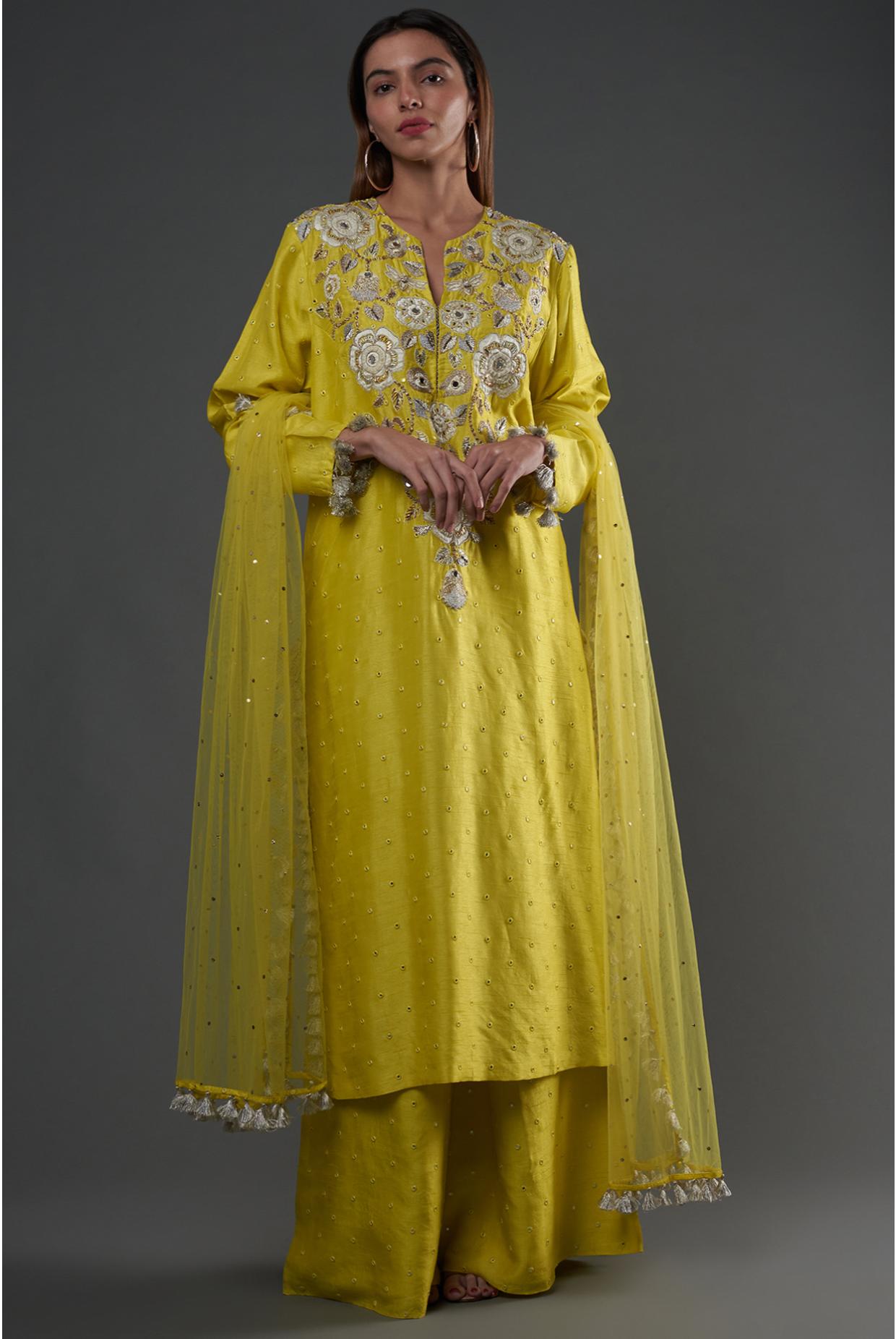 Yellow Embroidered Kurta & Palazzo With Dupatta