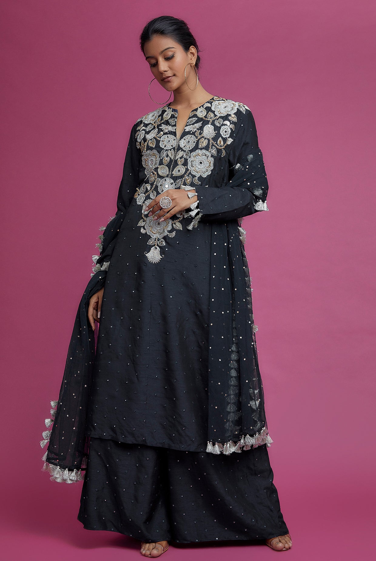 Midnight Blue Embroidered Yoke Kurta With Palazzo And Dupatta