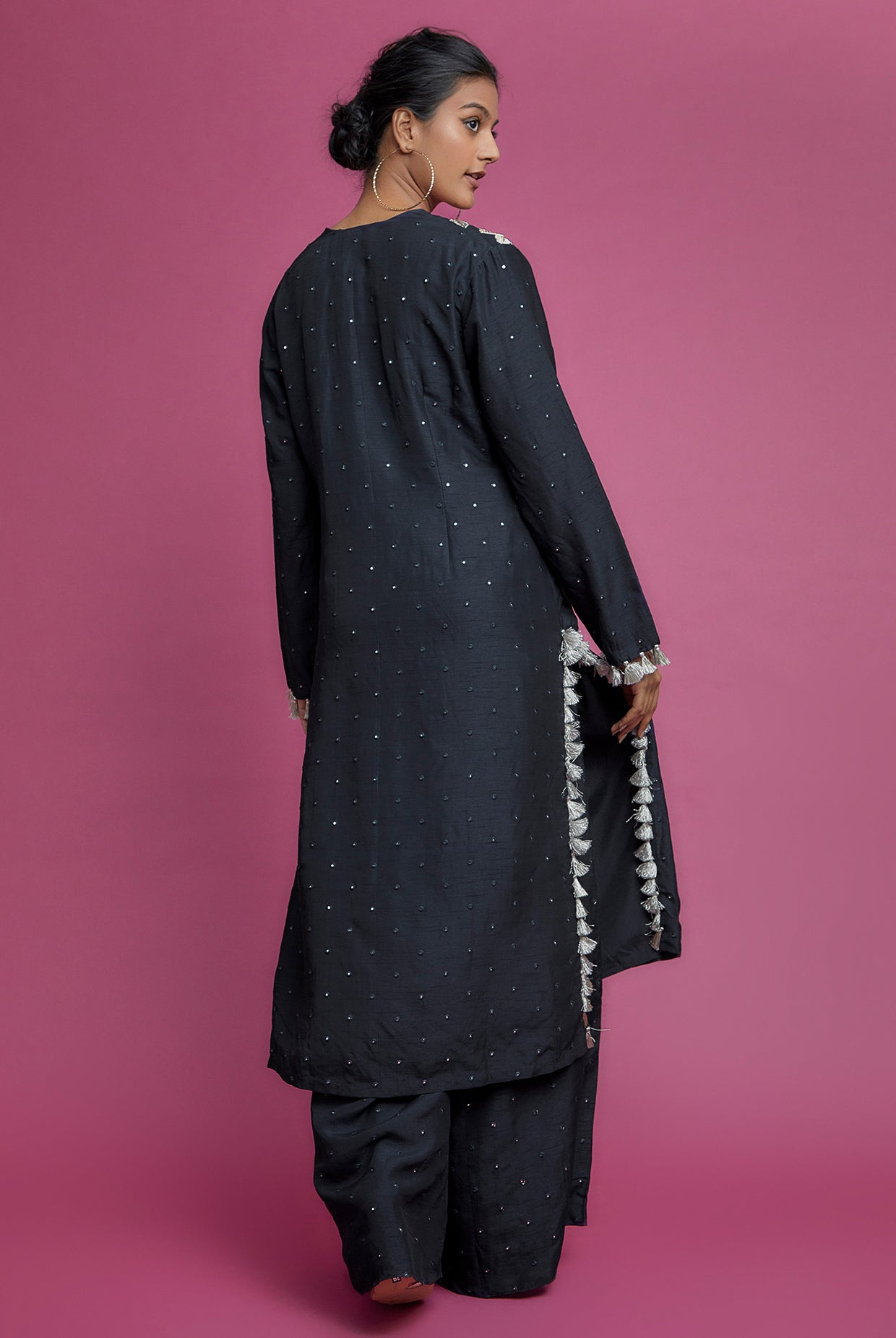 Midnight Blue Embroidered Yoke Kurta With Palazzo And Dupatta