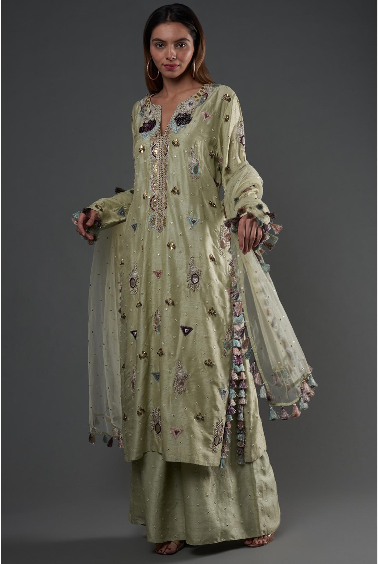 Mint Embroidered Kurta & Palazzo With Dupatta