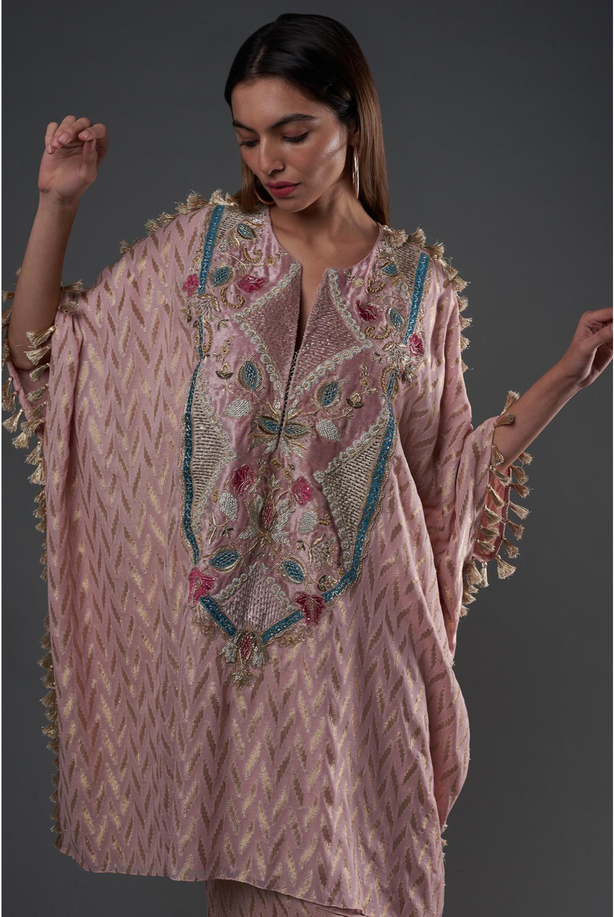Rose Pink Embroidered Kaftan With Palazzo