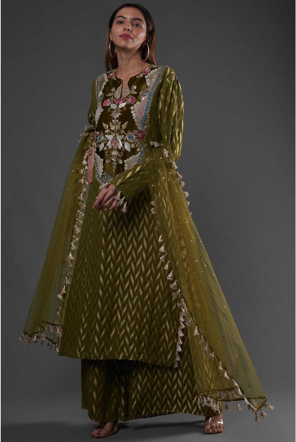 Olive Embroidered Kurta & Palazzo With Dupatta