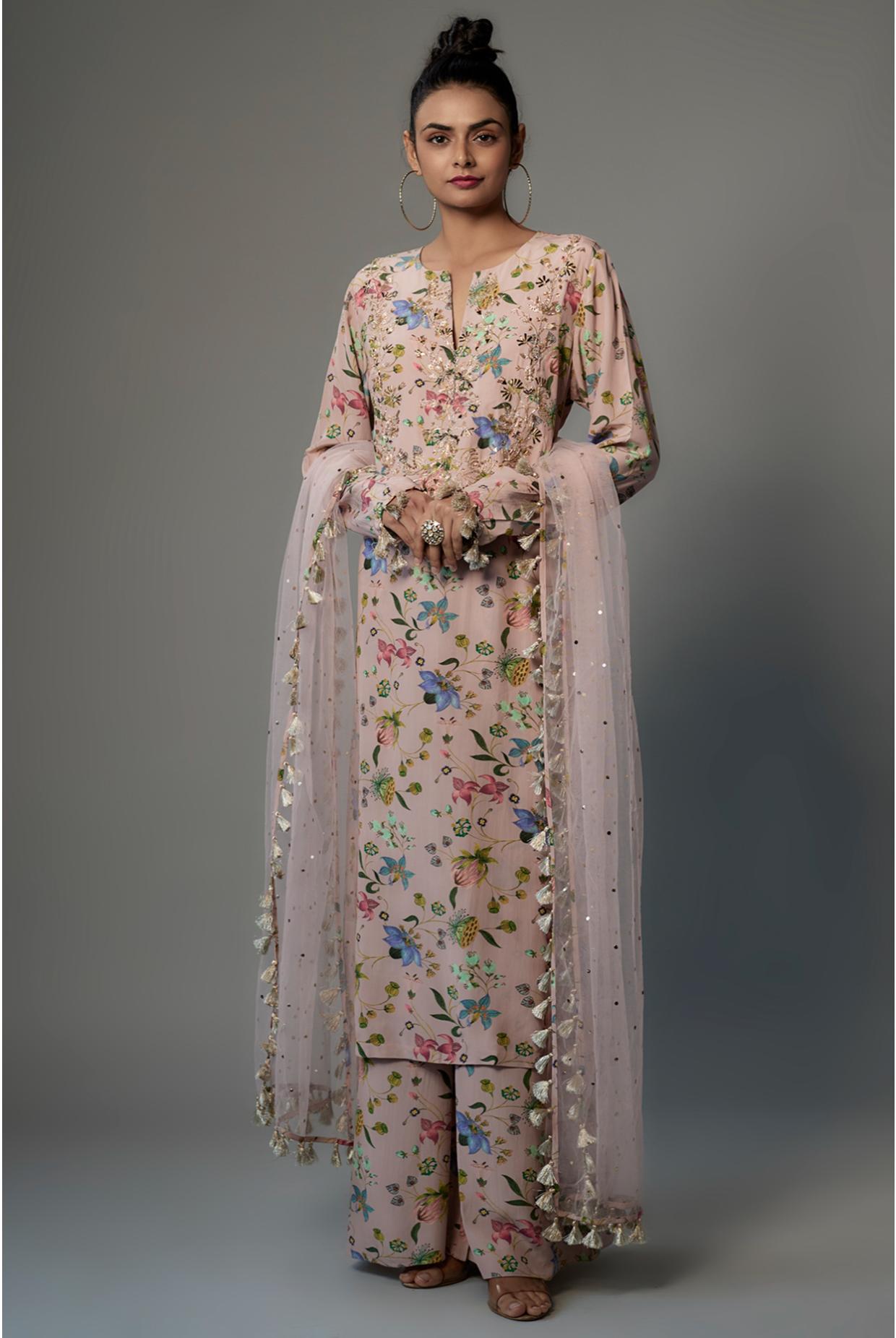 Rose Pink Crepe Embroidered Yoke Kurta With Palazzo & Dupatta