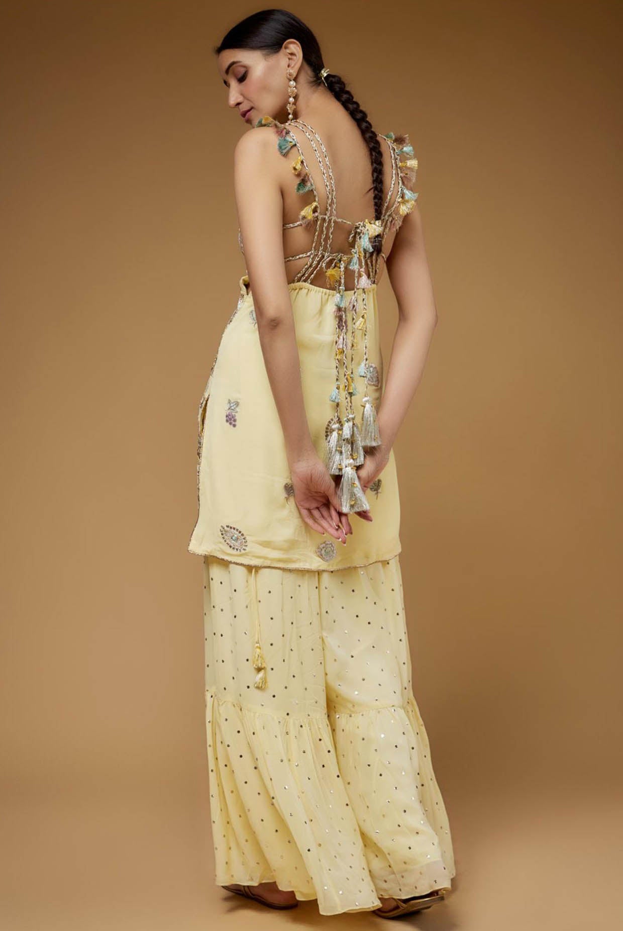 Pale Yellow Embroidered Back Tie-Up Kurta With One Frill Sharara And Dupatta