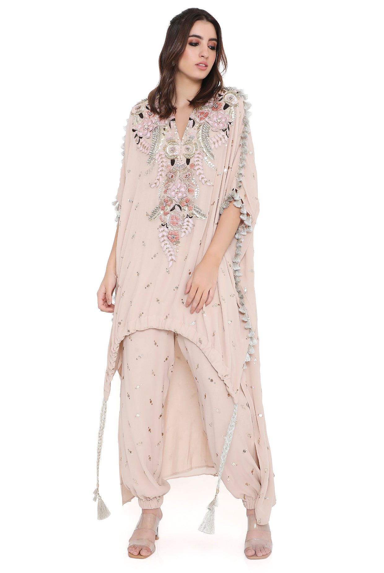 Sicily Stone Embroidered High Low Kaftan With Jogger Pant