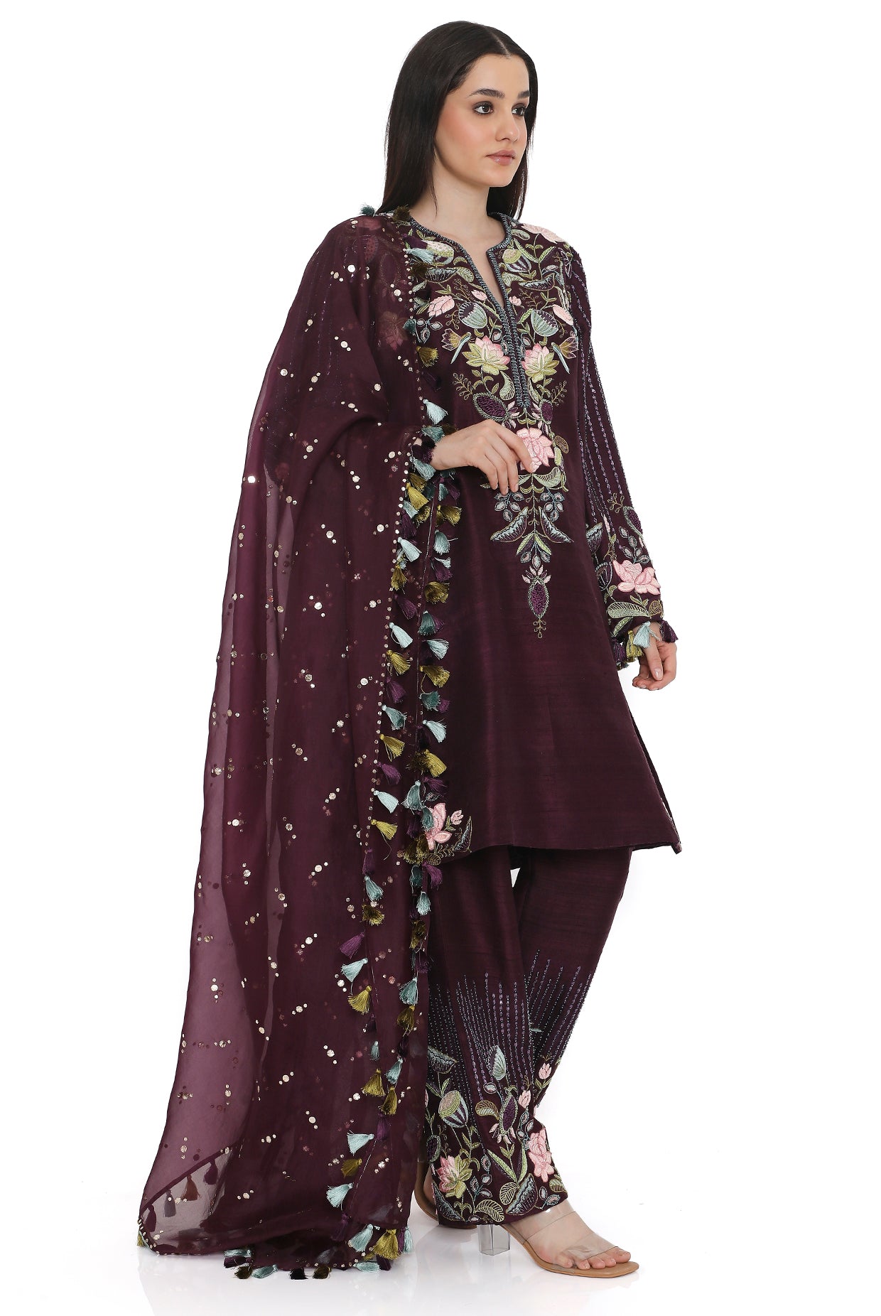 Purple Embroidered Kurta With Palazzo And Embroidered Belt With Embroidered Dupatta