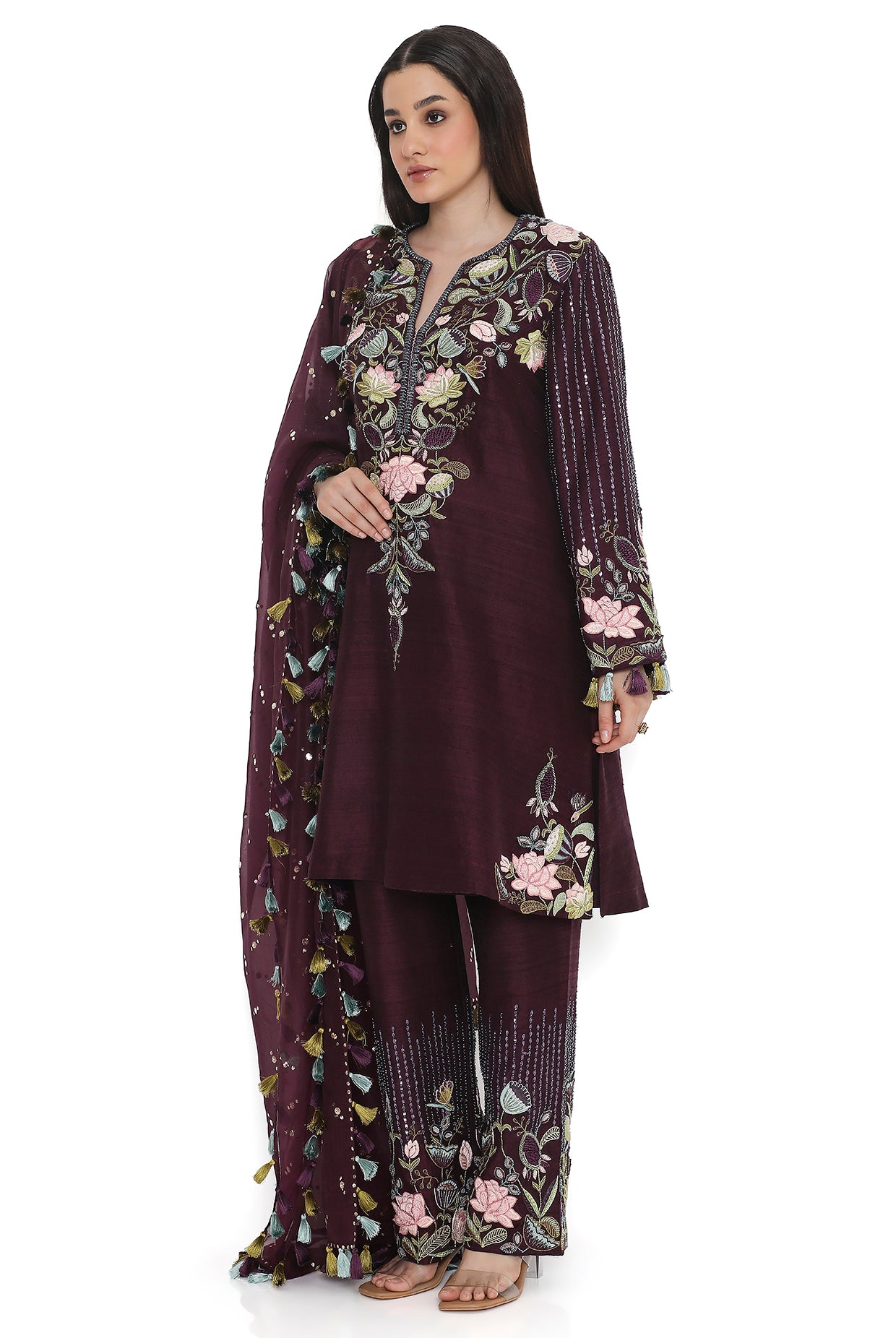 Purple Embroidered Kurta With Embroidered Pant With Dupatta