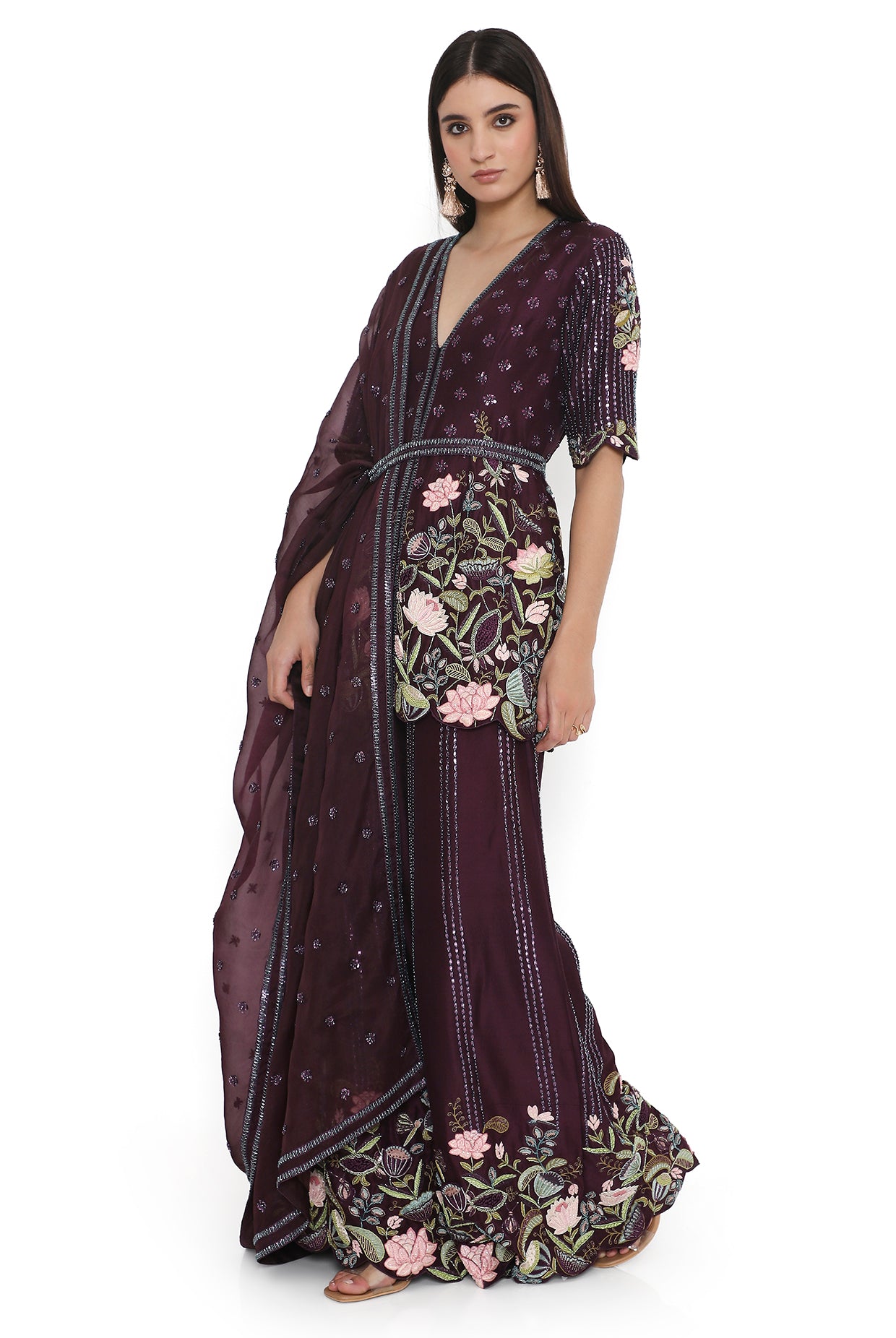Purple Embroidered Kurta With Palazzo And Embroidered Belt With Embroidered Dupatta